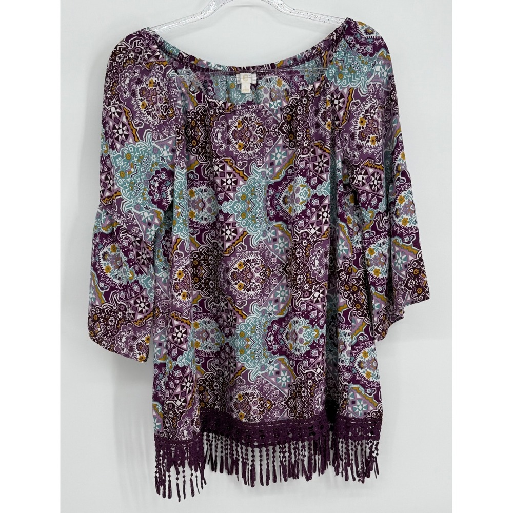 C Wonder Womens Purple Paisley Medallion Boho Blouse Crochet Fringe Sz L
